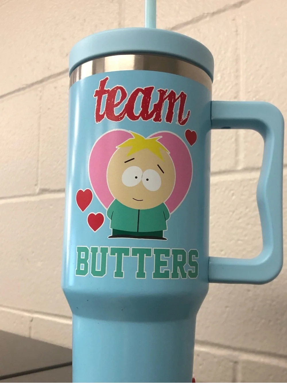 Team Butters Light Blue Travel Tumbler with Handle